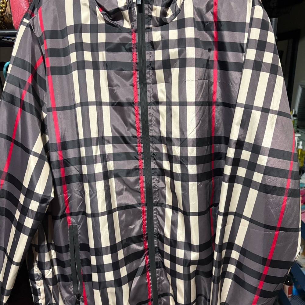 Plaid Hooded Jacket with Red Accents